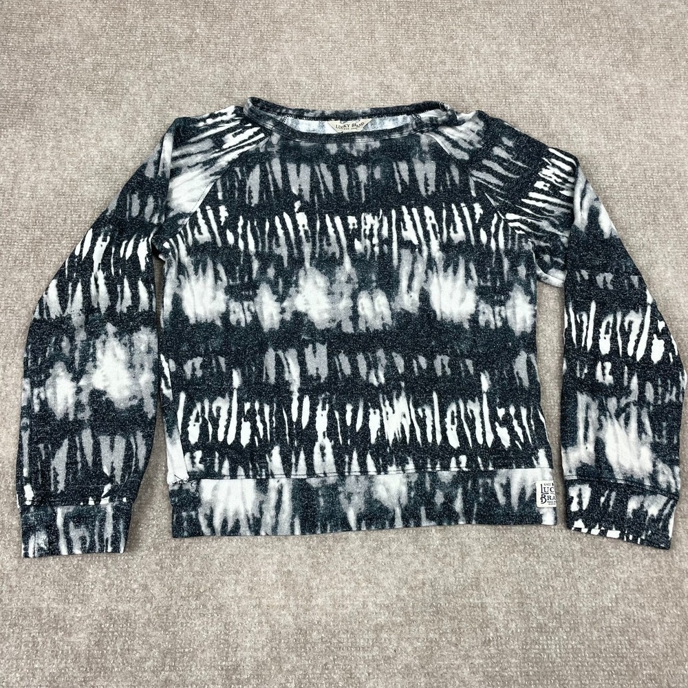 Lucky Brand Top Girl M 10/12 White Black Abstract Raglan Sleeve Stretch Pullover